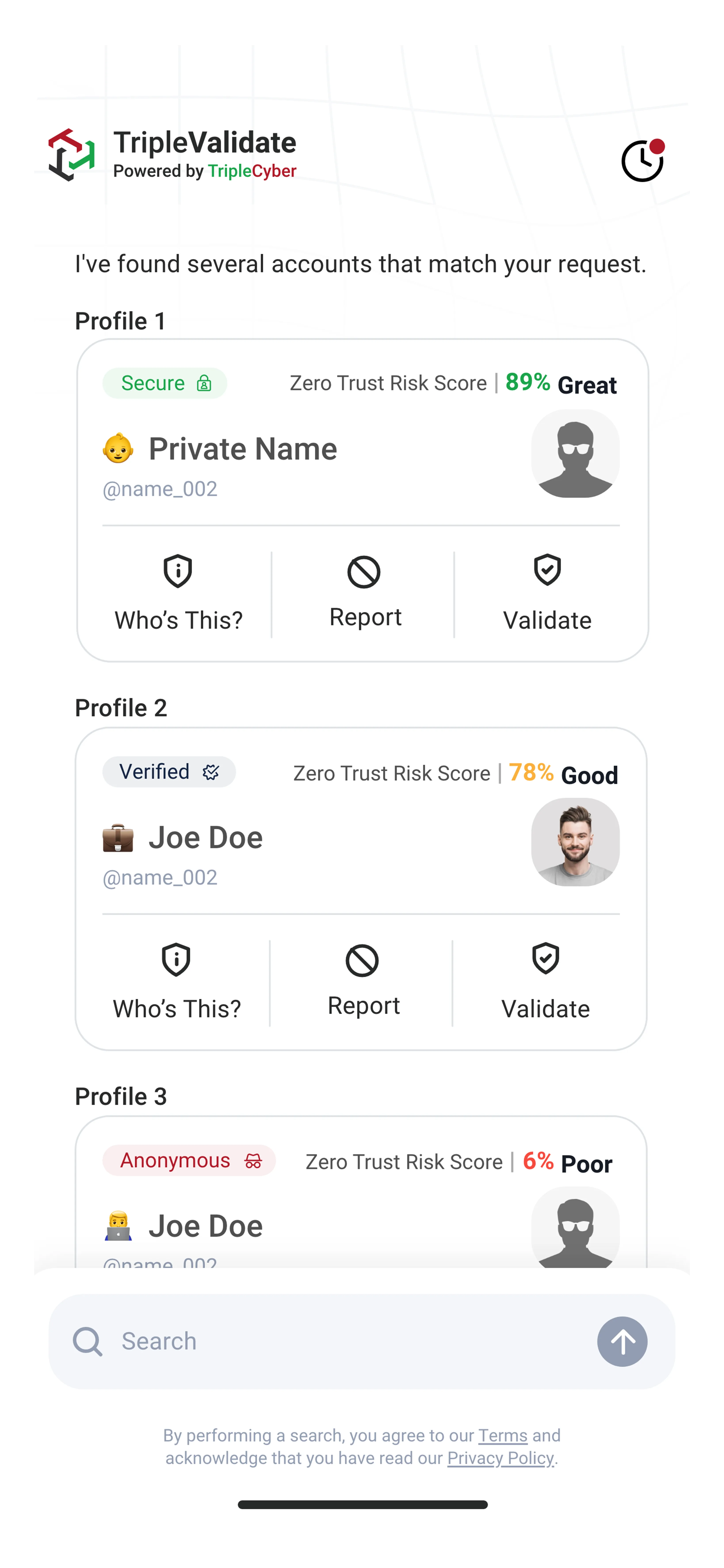 Search results list